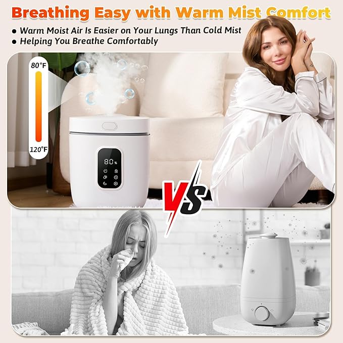 3.3L Warm Mist Humidifier for Bedroom Large Room, Stainless Steel Air Humidifier 0.87Gal Steam Humidifiers with Humidity Sensor Sleep Mode Auto Shut-off, Quiet & Safe for Baby Nursery Office Plants