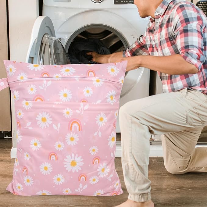 2pcs Travel Waterproof Laundry Bag, Cloth Diaper Wet Dry Bags with Handle & 2 Zipper Pockets, Reusable Washable Dirty Clothes Bag for Baby Adult Travelling Hanging, Bathing Beach Pool Daycare