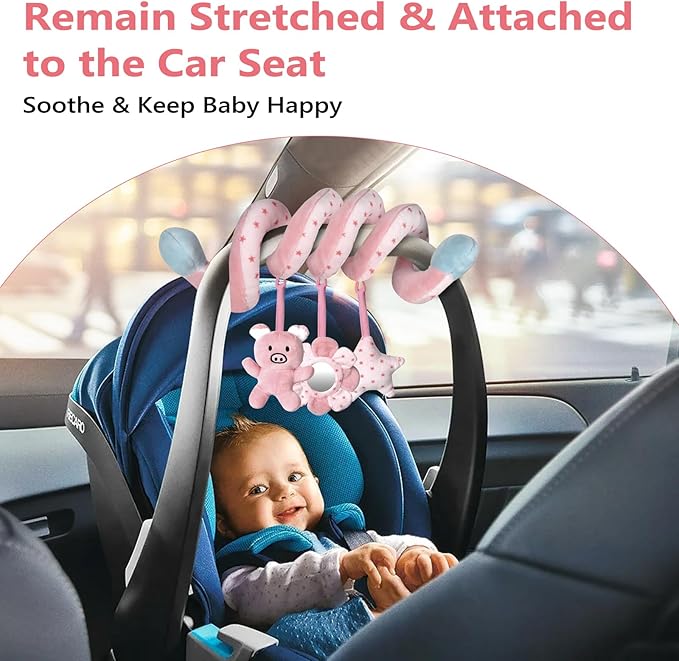 Car Seat Toys, Infant Baby Pink Pig Spiral Activity Hanging Toys Stroller Toys for Car Seat Stroller Bar Crib Bassinet Mobile with Mirror BB Squeaker and Rattles
