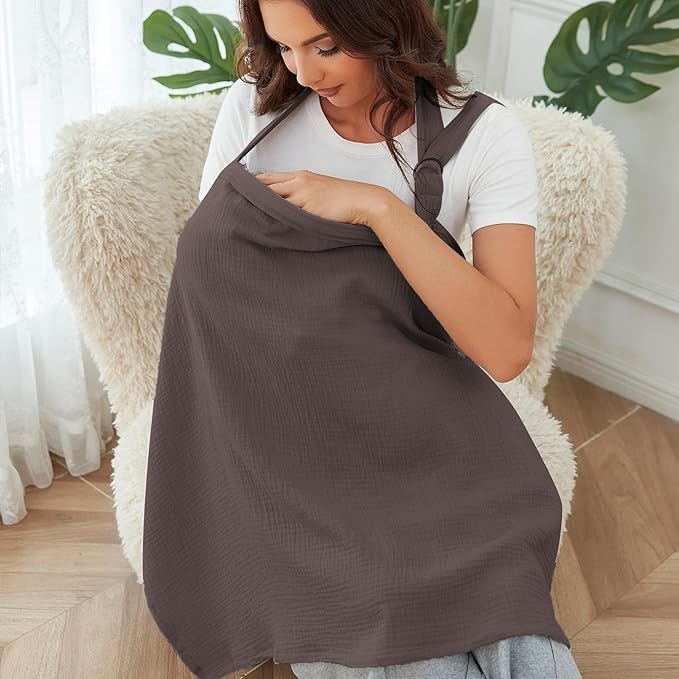Muslin Nursing Cover for Baby Breastfeeding, Breathable 100% Cotton Breastfeeding Cover with Rigid Hoop for Mother Nursing Apron (Coffee)