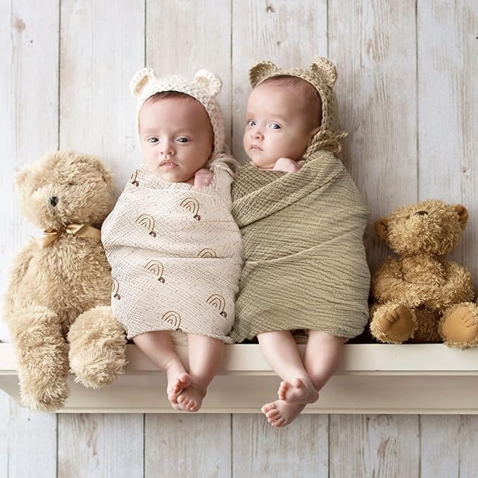 lulumoon Baby Muslin Swaddle Blankets: Soft Receiving Blanket for Newborn - Cotton Swaddling Blanket for Neutral 3Pack(Rainbow Khaiki)