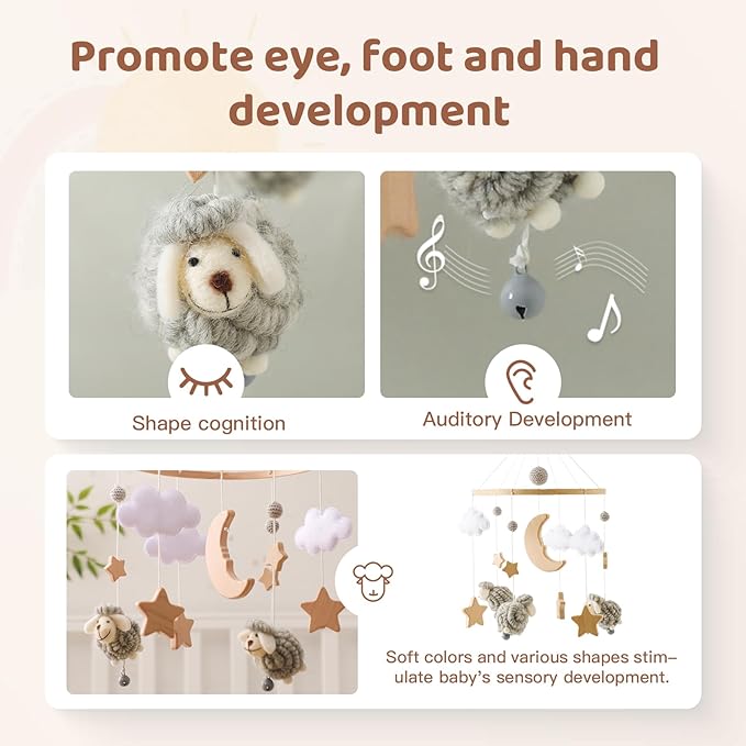 Baby Mobile for Crib, Montessori Baby Crib Mobile for Boys Girls for Bassinet, Nursery Decor for Infant Bedroom Hanging, Baby Mobile Soothe Toys -Gender Neutral Baby Gift (Gray)