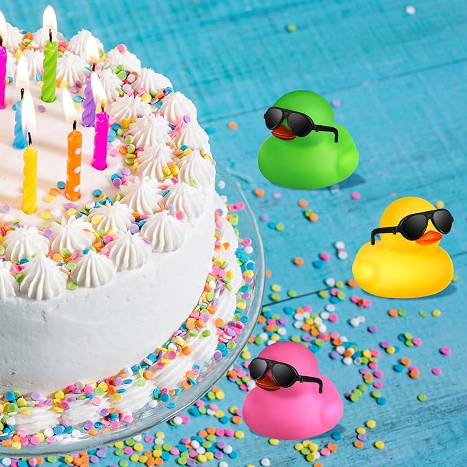 24 Pcs Mini Rubber Ducks with Sunglasses, Rubber Ducks in Bulk Valentine Bathtub Toys for Cruise Valentines Kids Classroom Gift Exchange(Eyeglasses,Mixed Colors)