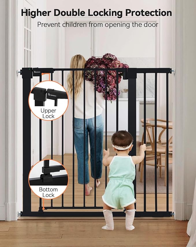 COMOMY 36" Extra Tall Baby Gate for Stairs Doorways, Fits Openings 29.5" to 40.6" Wide, Auto Close Sturdy Safety Dog Gate for House, Pressure Mounted Easy Walk Through Pet Gate with Door, Black