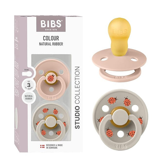 BIBS Studio Soother 2-Pack, BPA Free Dummy Pacifier, Round Nipple. Natural Rubber Latex, Made in Denmark, Size 3 (18+ Months), Blush/Sand