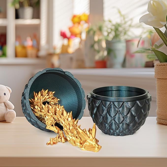 Large Dragon Eggs with Dragon Inside, 3D Printed Surprise Funny Gifts for Kids, Articulated Dragon Fidget Toys for Adults, Executive Desk Toys Office Room Décor (Shiny Black)