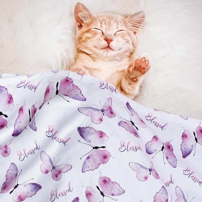 BORITAR Baby Blanket for Girls Soft Plush Minky Fabric, Double Layer Dotted Backing with Elegant Purple Butterfly Printed Blessed Blanket Gift for Toddler Newborn Infant 30 x 40 Inch(75x100cm)