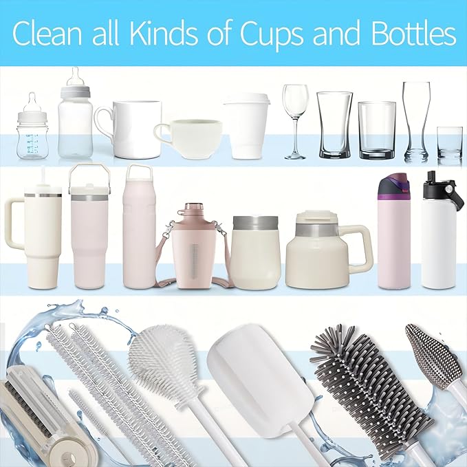 8Pcs Water Bottle Cleaner Brush - Multipurpose Cup Cleaner Kit with Long Nylon Straw Brush Long Handle Silicone Bottles Cleaning for Tumbler, Sports Water Bottle, Wine Glass