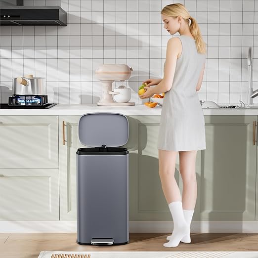 Arlopu 8 Gallon Step Trash Can, Stainless Steel Garbage Bin, Soft-Close Rubbish Bin with Removable Plastic Inner Bucket, Fingerprint-Proof, Lid Dustbin, Suit for Kitchen Home (Grey, 30L)