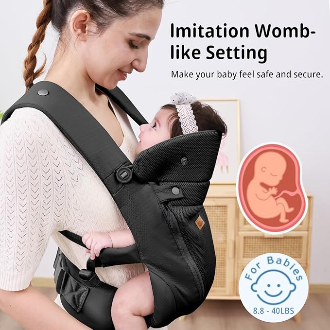 CUBY Newborn Baby Carrier with Head Support and Sunshield, Breathable & Easy Adjustable Newborn Toddler Front Baby Carriers Sling,Hands-Free Newborn Carrier up to 40lbs(Black,Upgraded-with Waist Belt)