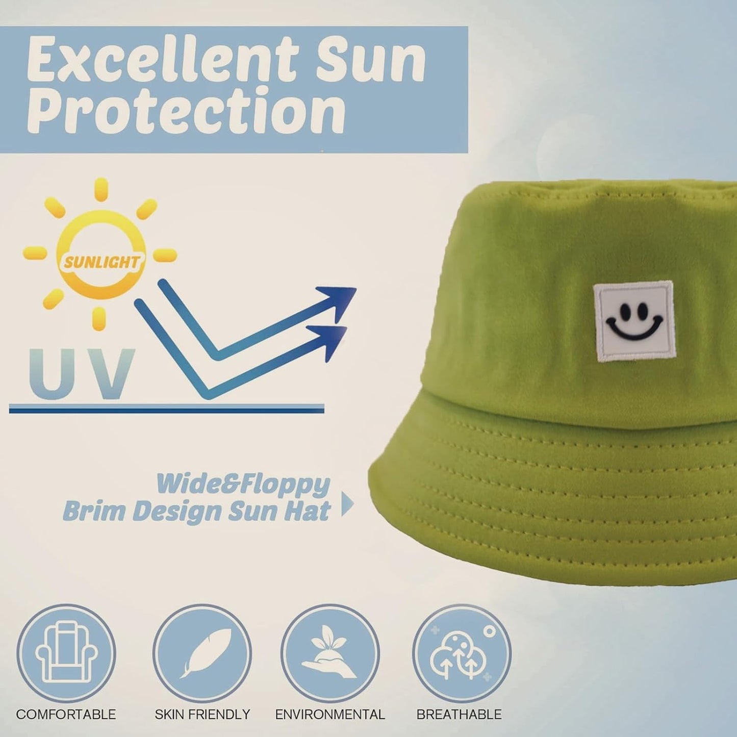 Kids Sun Hat Smile Face Bucket Hat for Girls Boys Summer Sun Protection Cotton Unisex Beach Cap
