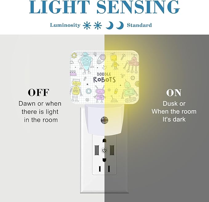Doodle Cute Robots Night Light for Kids Girls Boys, Funny Robots LED Night Light Plug into Wall with Dusk to Dawn Sensor for Bedroom, Hallway, Kitchen, Bathroom, Stairs Decor