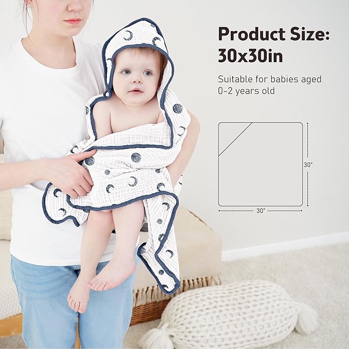 Susurration Hooded Baby Towels for Newborn 2 Pack 100% Muslin Cotton Towel for Babies，Highly Absorbent and Newborn Essential 30x30 Inch Moon&Royal Blue