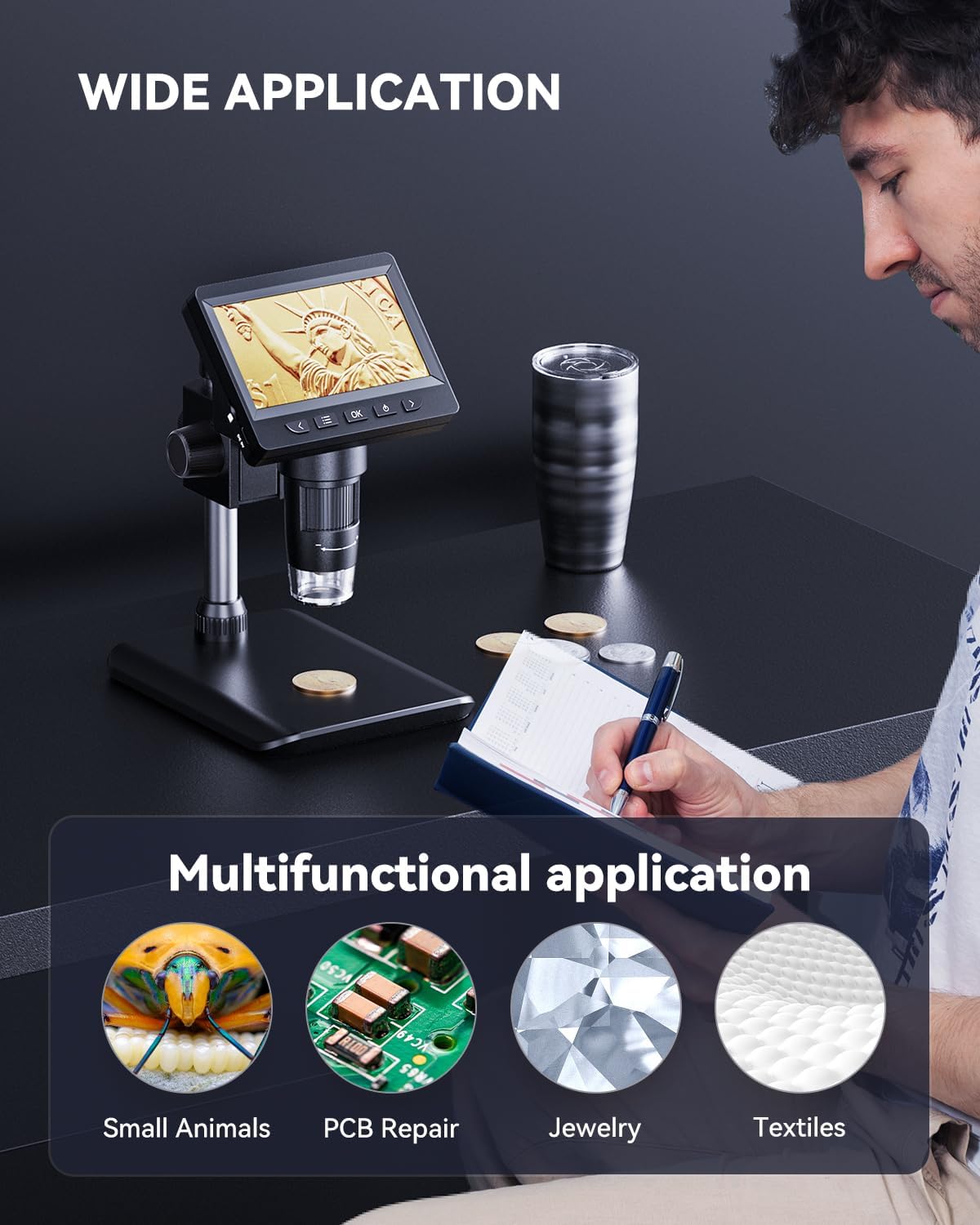 Digital Microscope, Coin Microscope with Light Adjustable Brightness 4.3" HD LCD Screen, 1000X Zoom PC View, Compatible with MacOS & Windows - Black