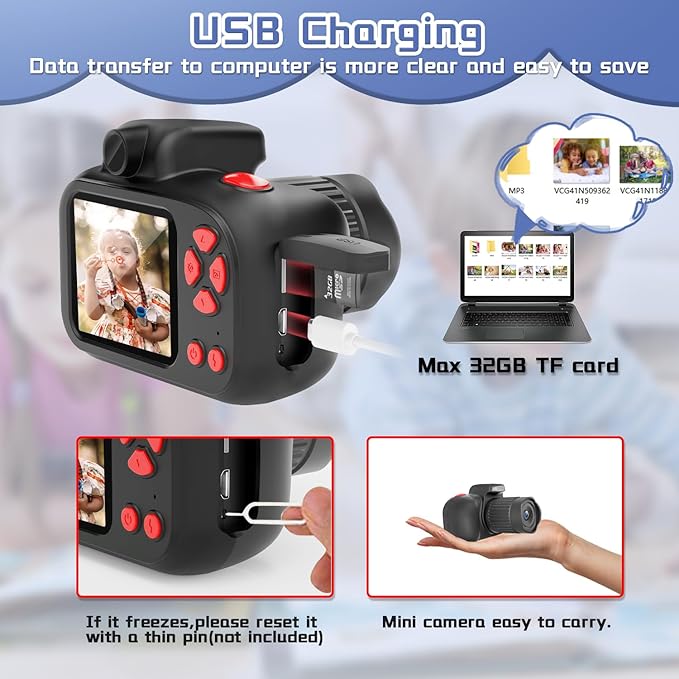Temodu Kids Camera, Best Birthday Festival Toys Gifts for Girls Boys Age 3 4 5 6 7 8 9 10 11 12 Year Old, Digital Camera for Kids with Video, Toy Camera Toddler Camera for Girls with 32GB Card - Black