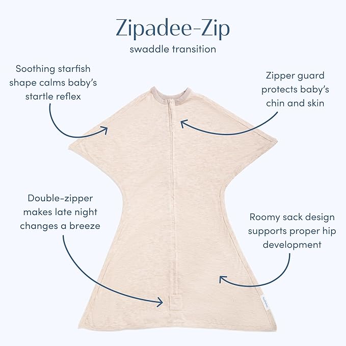 SleepingBaby Zipadee-Zip Transition Swaddle - Cozy Baby Swaddling Blanket with Zipper Convenience - Roomy Wearable Blanket for Easy Diaper Changes - 4-8 Month - Balanced Beige Heather