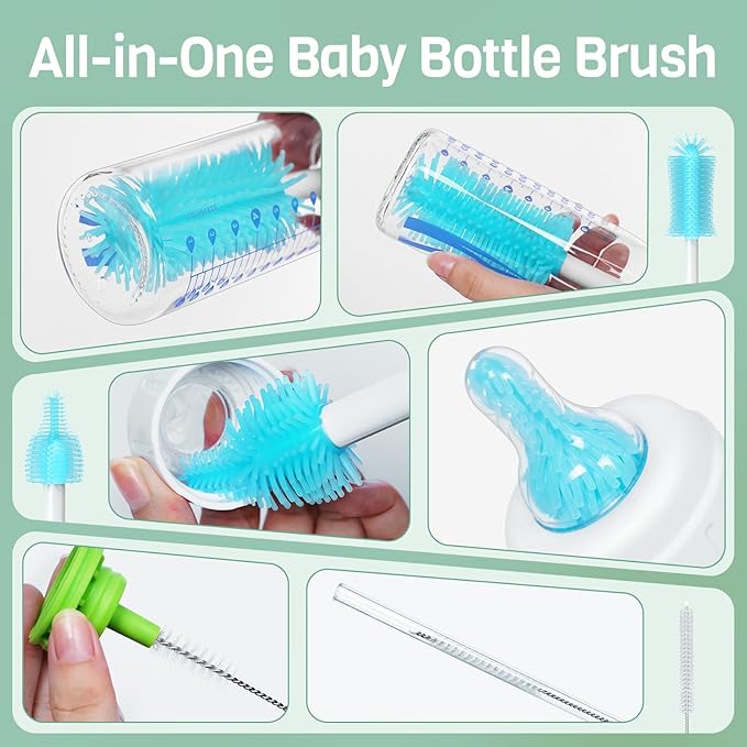 SEANCHEER S02 Electric Bottle Brush Set, Portable Baby Bottle Brush Cleaner, AA Battery-Powered & IPX7 Waterproof, with Silicone Bottle/Nipple/Straw Brush, for Home & Travel (Blue)