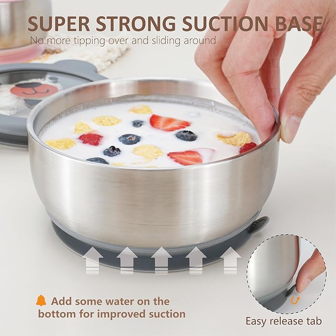 MR. CHOU Baby Bowls with Non-Slip Silicone Suction Cup, Insulated Double-Layer 304 Stainless Steel Toddler Bowls with BPA Free Airtight Lids, Food-Grade Silicone Safe for Kids (Gray)