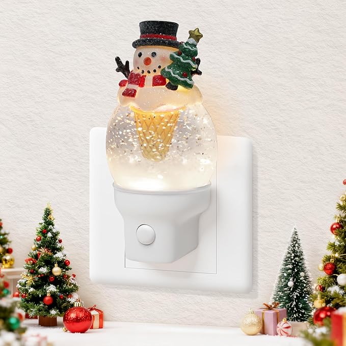 Christmas Snowman Night Light Plug into Wall Swirling Glitter USB Portable Christmas Decorative Night Light Decoration for Bedroom Kitchen Living Room Holiday Decor (Snowman Cookie Cone)