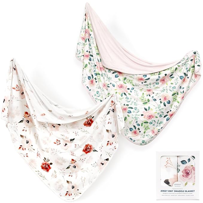 GRSSDER Baby Blankets Super Soft Jersey Knit Swaddle Blanket 2 Pack for Baby Girls and Boys, Double Layer Receiving Blankets 34 x 44 Inches Extra Large for Baby Show Gift, Orange & Pink Rose