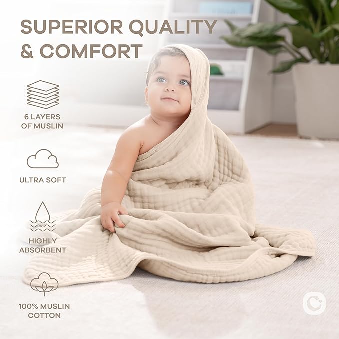 Comfy Cubs Hooded Baby Towel 1-Pack, Large 32 x 32 Inch - 6 Layer 100% Muslin Cotton for Babies, Toddlers and Kids - Soft & Absorbent Baby Bath Towels - Unisex Design for Bath Time - Sand