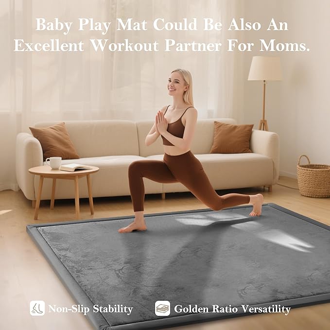 Baby Play Mat for Floor, 1.3"Thick Extra Large Cushioning Memory Foam Playpen Mat, Soft Coral Velvet Baby Crawling Mat with Non-Slip Backing for Toddlers,Infants,Kids,Yoga Mat (Dark Gray 79"×118")