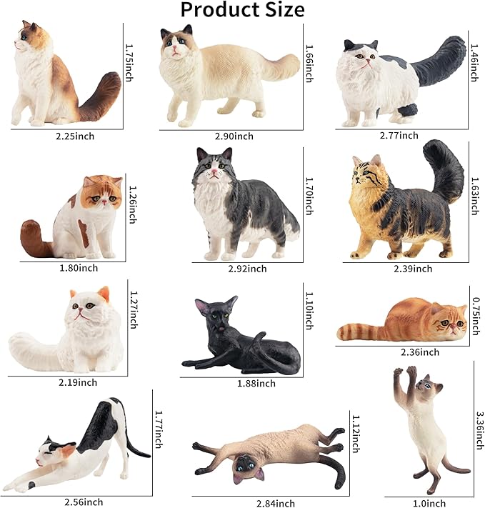 12PCS Realistic Cat Figurines, Plastic Cat Figure, Cat Cake Topper Kitten Toy Halloween Christmas Birthday Gift for Kids and Children