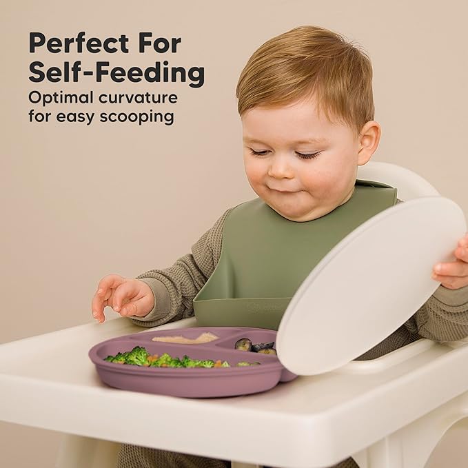 KeaBabies Suction Plates with Lids for Baby - 3-Pack 100% Silicone Toddler Plates with Suction, Divided, BPA-Free Baby Led Weaning Essentials for Kids, Dishwasher, Microwave Safe, Durable (Quantum)