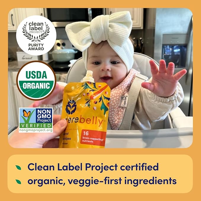 Cerebelly Baby Food Pouches, Veggie Purees for Toddlers, No Added Sugar, Fiber, Non-GMO, 4 Ounce BPA-Free, Carrot Chickpea, 18 Count