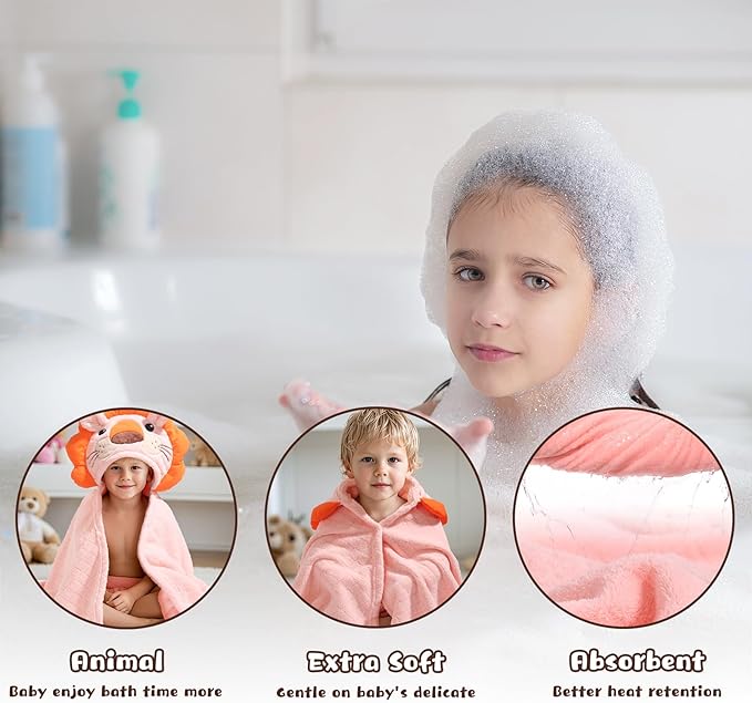 Toddler Bath Towel Hooded Kids Towels Bath Baby Towel with Hood for Boy Girl 0-5 Years, 2-Pack Soft Absorbent Baby Bath Toddler Towels, Large Thick 50''x32'' Pink &Orange Set