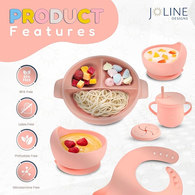 Silicone Baby Feeding Set - Perfect silicone plates for baby & Toddler Plates with lid, Baby Bowls with Suction, Baby Utensils - Baby Led Weaning Supplies & Eating Essentials - (Peach)