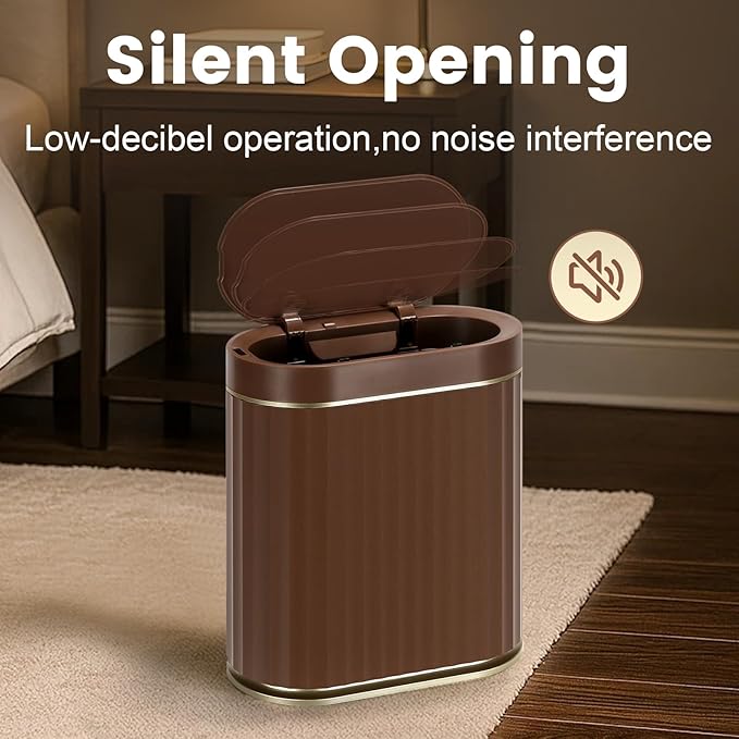 ELPHECO Bathroom Motion Sensor Trash can 2 Gallon Automatic Garbage Can, Slim Plastic Smart Trash Can with Lid, Commercial Intelligent Trash Bin for Bedroom, Bathroom, Office, Brown