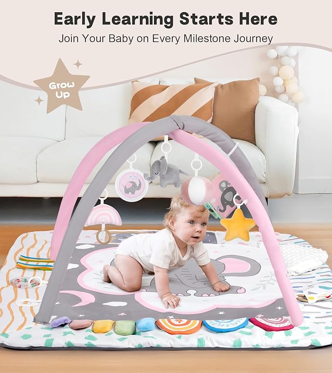 Baby Play Mat Activity Gym with Tummy Time Pillow, 6 Developmental Zones Tummy Time Mat, 6 Detachable Sensory Toys and Educational Cards, Essential Baby Shower Set, Pink Elephant