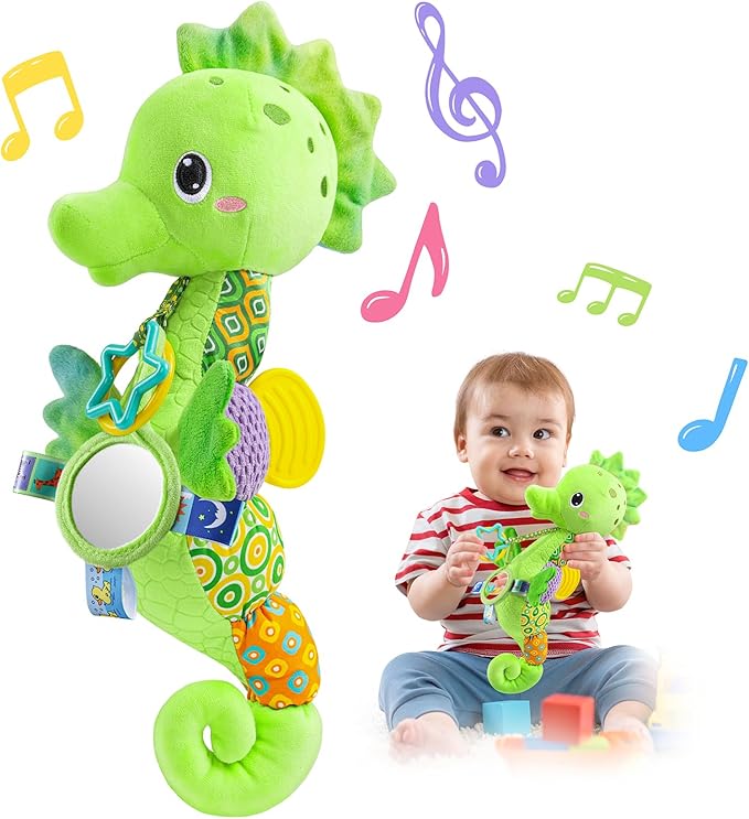 LIGHTDESIRE Baby Toys Musical Seahorse Stuffed Animals Infant Toys 0-6-12 Months with Mirror|Rattles|Crinkle|Baby Teething Toys,Sensory Toys for Tummy Time Newborn Boys Girls Gifts(Lime Green)
