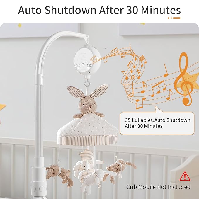 FEISIKE Crib Mobile Motor, Baby Music Box Spinner with 3 Modes（Spin Only, Music Only, Spin & Music 0-100 Volume Control,35 Lullabies,Portable Sound Machine,Auto-Off 30 Minutes, Battery Operated