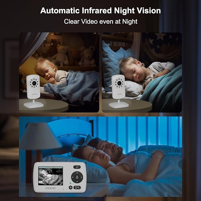 OKAIDI Video Baby Monitor with 2 Cameras, 2.4'' Portable Travel Screen, 1000ft Long Range Transmission, Baby Monitor No WiFi, Infrared Night Vision, VOX Mode