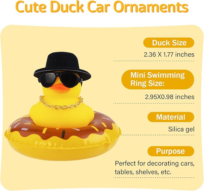 wonuu Car Rubber Duck, Yellow Duck Decoration Dashboard with Sun Hat Swim Ring Necklace Sunglasses for Car Dashboard Decorations