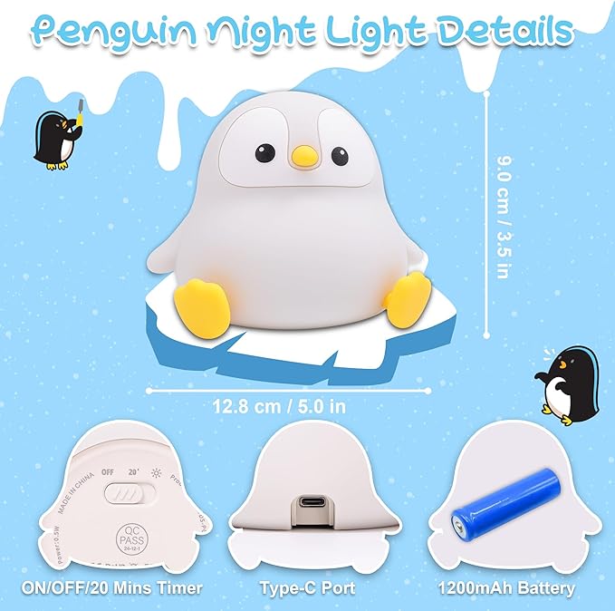 Penguin Night Light, Pudgy Penguins Squishy Nightlight for Kids, LED Silicone Night Lamp with Dimmable & 20 Auto-Off, Nursery Nightlight Stuff for Boys Girls Women