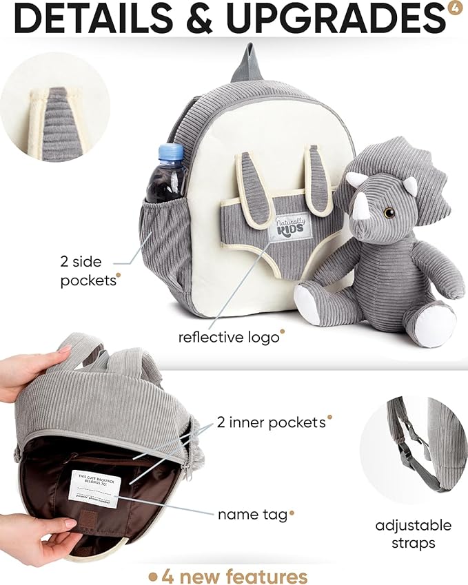 Naturally KIDS Grey Dinosaur Backpack for Boys 4-5, Triceratops Dinosaur Gifts for 4-5 Year Old Boys, Girls, Toddler Backpack