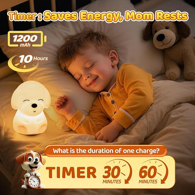 Night Light for Kids | 16 Colors & 2 Brightness & 30/60min Timer & Soft Silicone & 10h Use | Cute Night Light for Baby Nursery Kids Nightlight Dog Lamp, Kawaii Room Decor Puppy Gifts for Boys & Girls