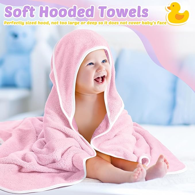 Reginary 4 Pack Baby Hooded Towels Coral Fleece Baby Bath Towels 30 x 30 Inch Soft Absorbent Hooded Bath Blanket for Newborn Toddler Infant Boy Girl Shower Gift Supplies (Pink, Purple, Yellow, Beige)