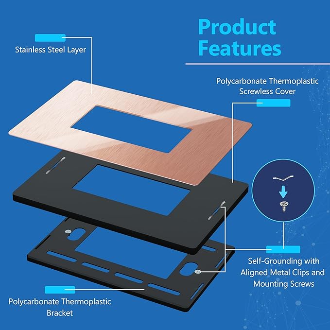 LIDER Screwless Metal-Surface Wall Plate, Decorator Switch Cover, Temperature and Impact Resistant, 201 Stainless Steel, Modern Decoration Upgrade, Mid-Size 1-Gang 4.88" x 3.11", Brushed Rose Gold