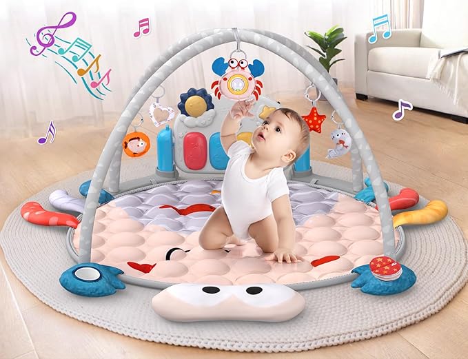 UMIKU Baby Play Mat Tummy Time Mat for Newborn Infant Piano Music & Light Musical Activity Center Baby Boy Girl Gifts for Baby Toys 3 6 9 12 Months, Crab Theme