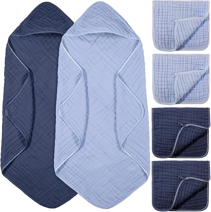 VitalCozy 6 Pcs Baby Muslin Hooded Bath Towels and Washcloths, 32 x 32 Inch Muslin Cotton Hooded Baby Towels Absorbent Hooded Blankets for Gift Newborn Infant Shower (Dark Blue,Light Blue)