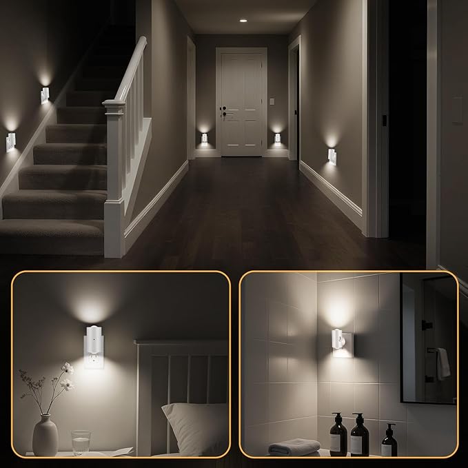 4 Pack Small LED Night Light, Dimmable Plug-in with Dusk to Dawn Auto On/Off, 5000K Daylight Adjustable Brightness (0-200 LM), 180° Rotating Head for Kitchen, Bathroom, Hallway