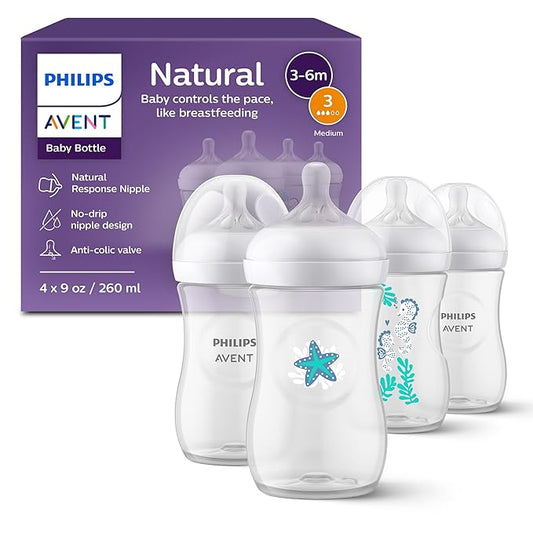 Philips Avent Natural Baby Bottles with Natural Response Nipples (Medium Flow, Flow 3), with Seahorse and Starfish Design, 9oz, 4-Pack, SCY903/68
