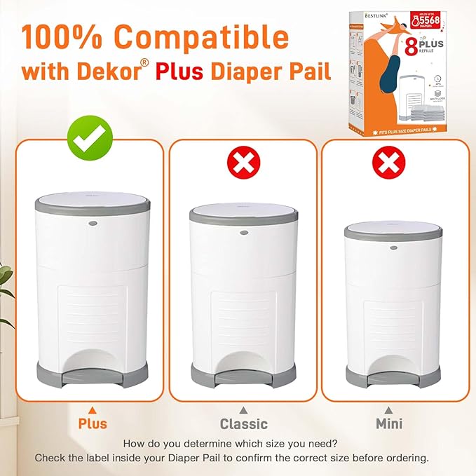 8 Pack Refills Compatible with DEKOR PLUS Diaper Pails | 20% Extra Length Diaper Pail Refill Bags Liners Holds 5568 Diapers | Ultimate Odor Control with Baby Scented