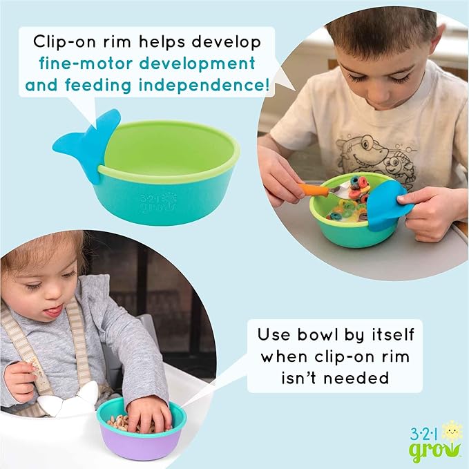 Silicone Easy Scoop & Hold Bowl Set – Adaptive Baby & Toddler Feeding Bowls with Clip-On Rim and Handle – Helps Build Independence & Coordination – 2 Pack – Dishwasher Safe (Grape)