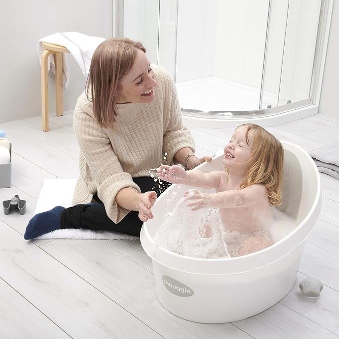 Toddler Bath Tub | Larger Bath for Bigger Kids at Bathtime | Includes Warm and Soft Foam backrest | Grippy Anti-Slip Surface | Includes Easy Drain Bath Plug | White & Grey + Rinse Jug