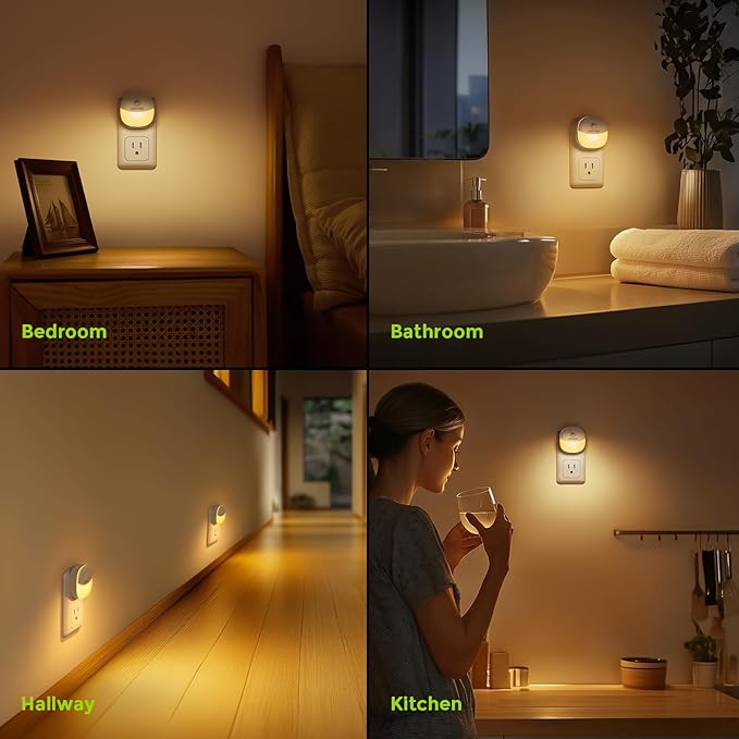 AUVON Plug in Night Light with Motion Sensor and Dusk to Dawn Sensor, Mini Warm White LED Nightlight with 1-50 lm Adjustable Brightness for Bathroom, Hallway, Stairs, Bedroom, Kitchen, 4 Packs